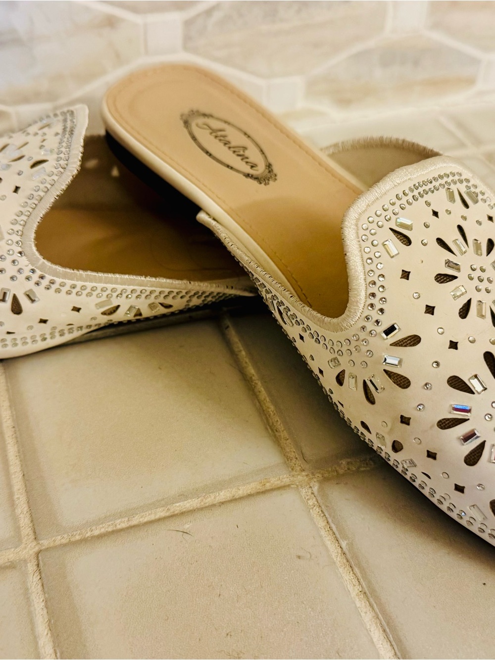 Embellished White Cutout Slip-On Mules by Andalou Size 7.5